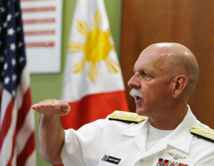 U.S. Pacific Fleet Commander Adm. Scott Swift talks during an interview with journalists Friday, July 17, 2015 in Manila, Philippines. (AP Photo)